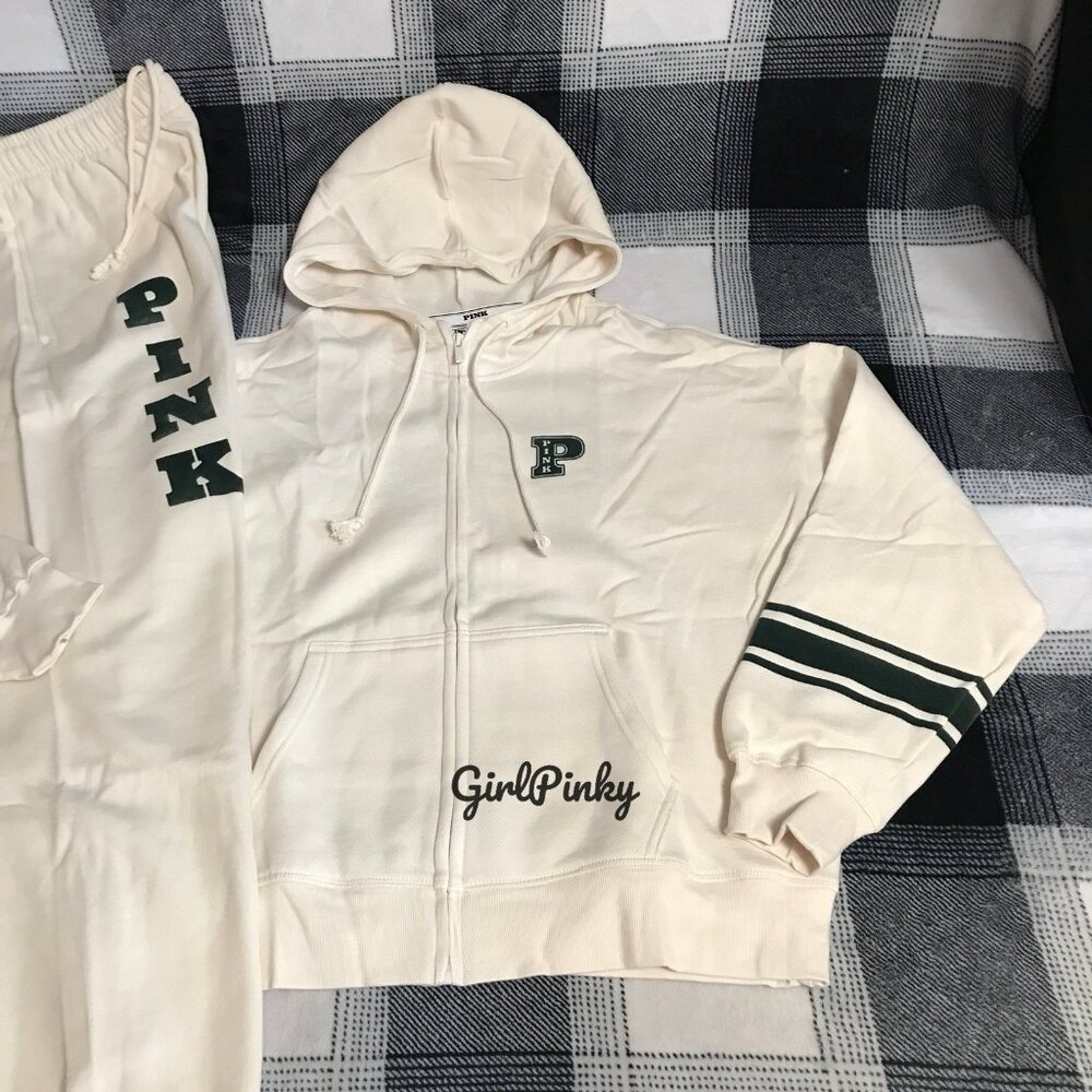VS PINK SWEATPANTS OUTFIT & FULL ZIP IN WHITE SHELL & DARK FOREST GREEN L XL XXL - Picture 9 of 11